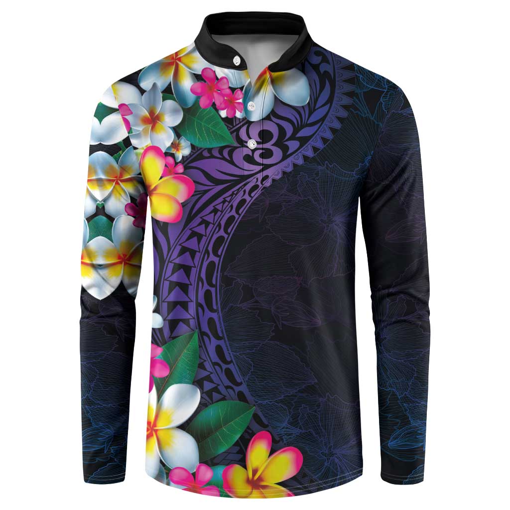 Hawaiian Plumeria-Polynesian Art Tattoo Frosted Blue Violet Color Button Sweatshirt LT03 Blue - Polynesian Pride