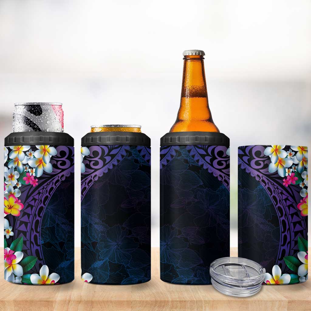Hawaiian Plumeria-Polynesian Art Tattoo Frosted Blue Violet Color 4 in 1 Can Cooler Tumbler