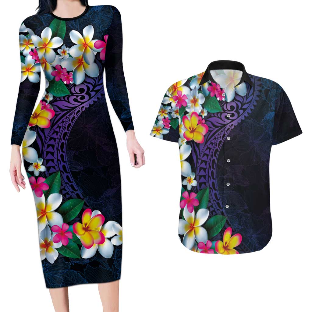 Hawaiian Plumeria-Polynesian Art Tattoo Frosted Blue Violet Color Couples Matching Long Sleeve Bodycon Dress and Hawaiian Shirt