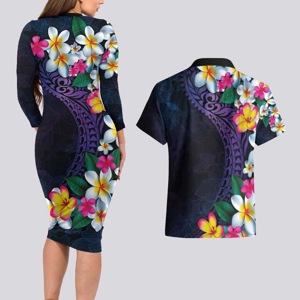 Hawaiian Plumeria-Polynesian Art Tattoo Frosted Blue Violet Color Couples Matching Long Sleeve Bodycon Dress and Hawaiian Shirt
