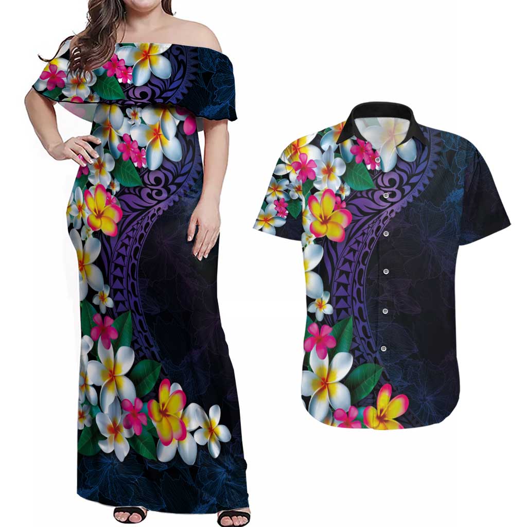 Hawaiian Plumeria-Polynesian Art Tattoo Frosted Blue Violet Color Couples Matching Off Shoulder Maxi Dress and Hawaiian Shirt