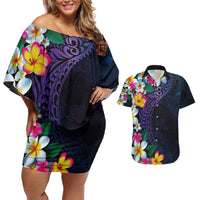 Hawaiian Plumeria-Polynesian Art Tattoo Frosted Blue Violet Color Couples Matching Off Shoulder Short Dress and Hawaiian Shirt
