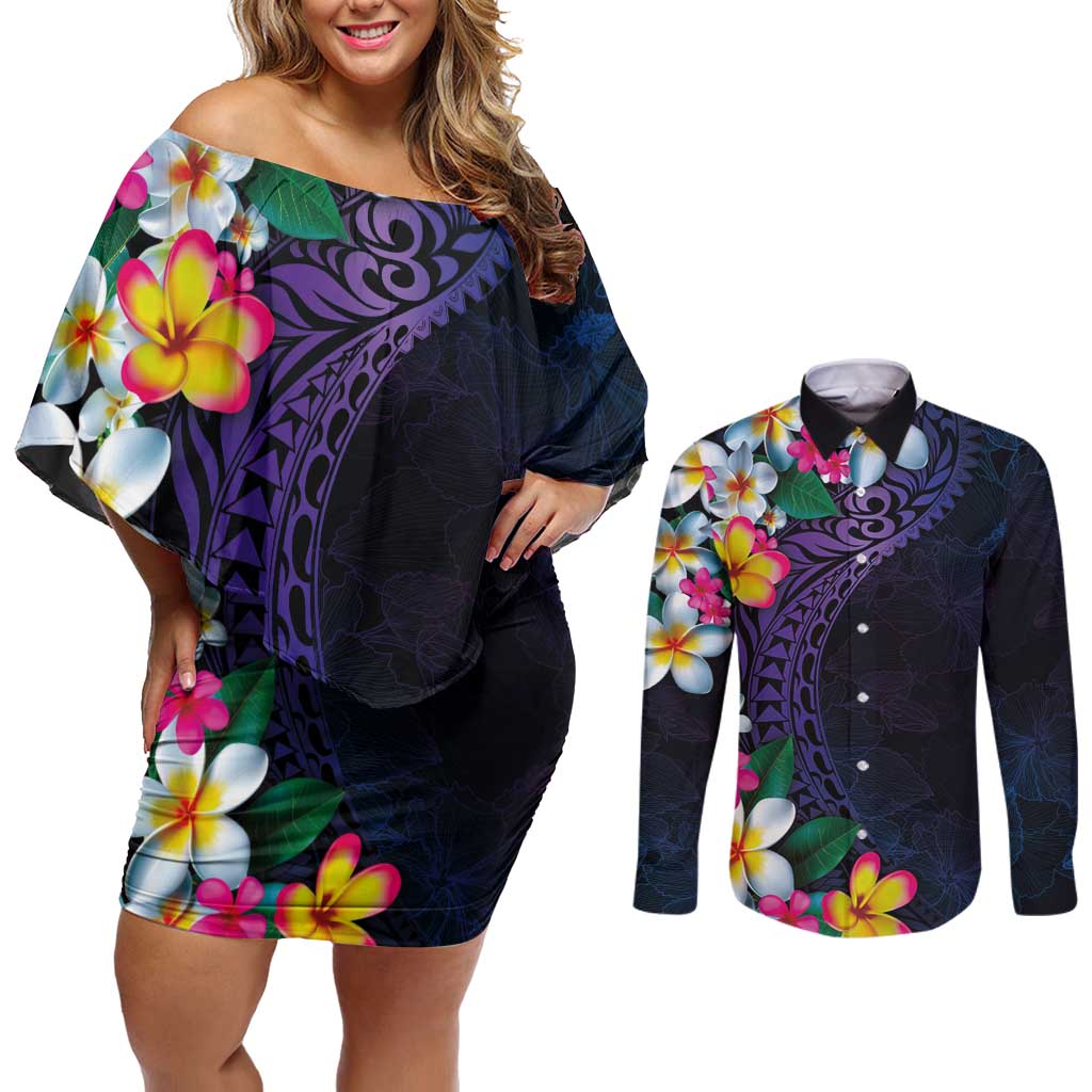 Hawaiian Plumeria-Polynesian Art Tattoo Frosted Blue Violet Color Couples Matching Off Shoulder Short Dress and Long Sleeve Button Shirt