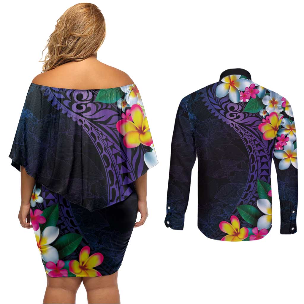 Hawaiian Plumeria-Polynesian Art Tattoo Frosted Blue Violet Color Couples Matching Off Shoulder Short Dress and Long Sleeve Button Shirt