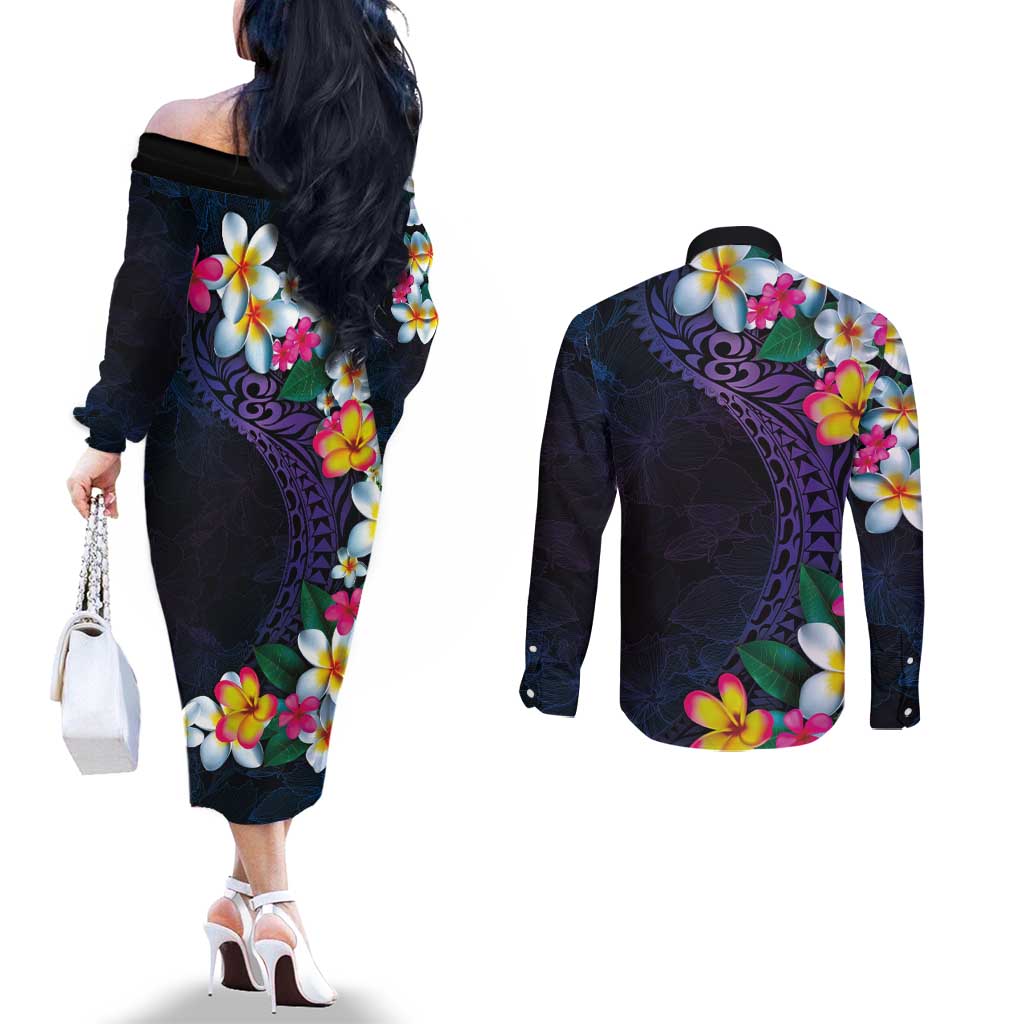 Hawaiian Plumeria-Polynesian Art Tattoo Frosted Blue Violet Color Couples Matching Off The Shoulder Long Sleeve Dress and Long Sleeve Button Shirt