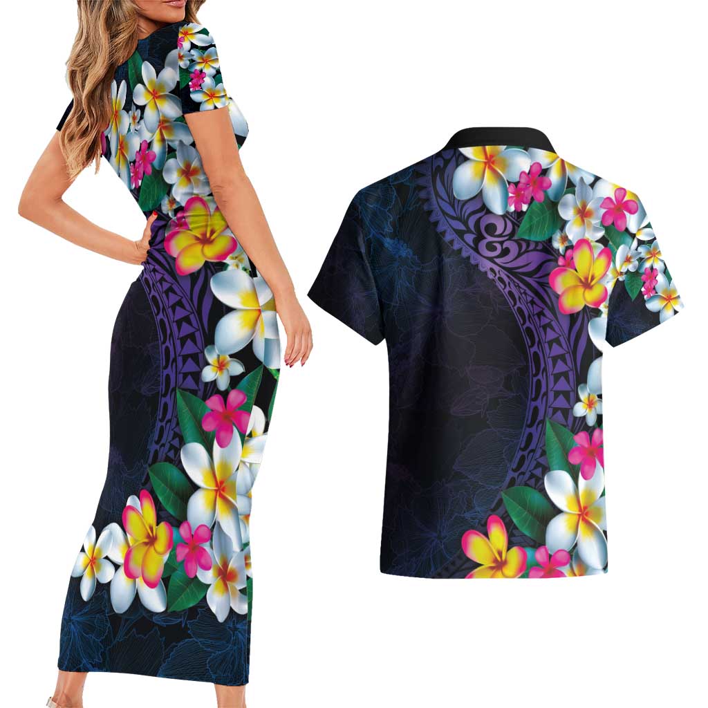 Hawaiian Plumeria-Polynesian Art Tattoo Frosted Blue Violet Color Couples Matching Short Sleeve Bodycon Dress and Hawaiian Shirt