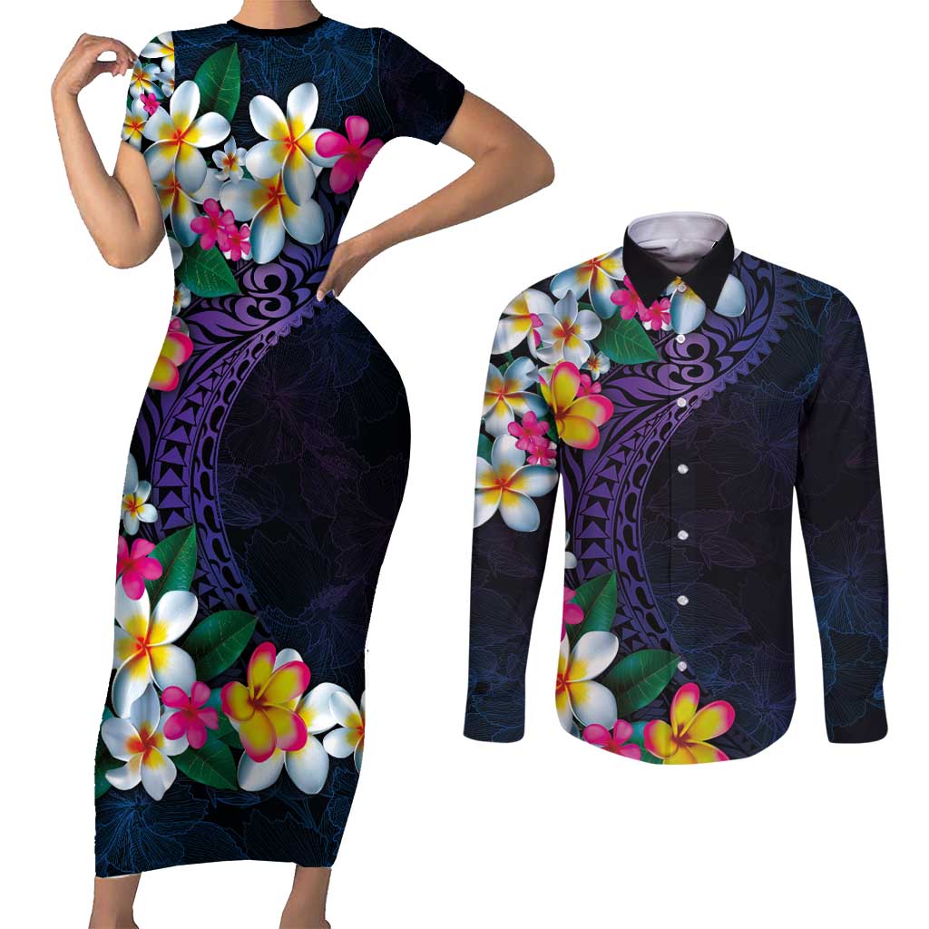 Hawaiian Plumeria-Polynesian Art Tattoo Frosted Blue Violet Color Couples Matching Short Sleeve Bodycon Dress and Long Sleeve Button Shirt