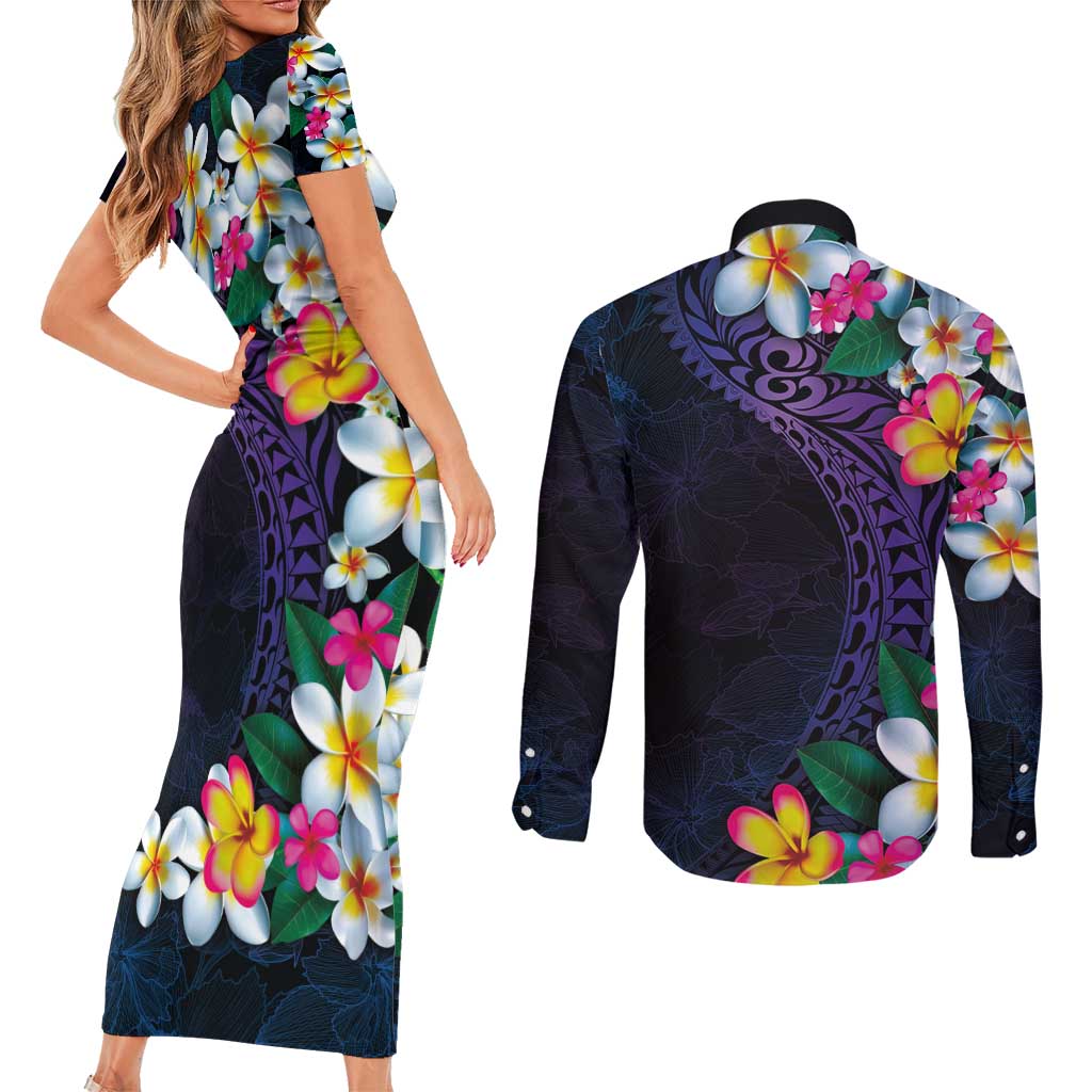 Hawaiian Plumeria-Polynesian Art Tattoo Frosted Blue Violet Color Couples Matching Short Sleeve Bodycon Dress and Long Sleeve Button Shirt