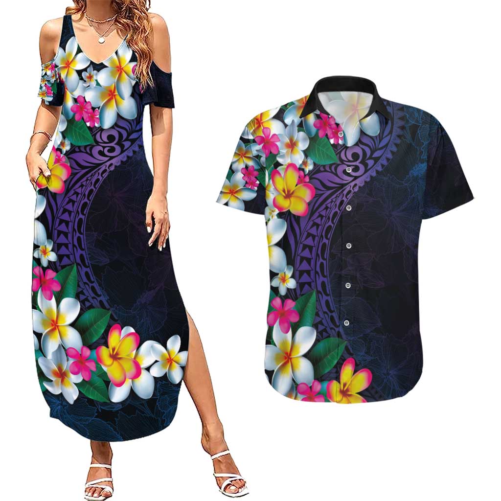 Hawaiian Plumeria-Polynesian Art Tattoo Frosted Blue Violet Color Couples Matching Summer Maxi Dress and Hawaiian Shirt