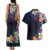 Hawaiian Plumeria-Polynesian Art Tattoo Frosted Blue Violet Color Couples Matching Tank Maxi Dress and Hawaiian Shirt