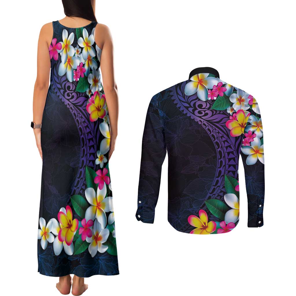 Hawaiian Plumeria-Polynesian Art Tattoo Frosted Blue Violet Color Couples Matching Tank Maxi Dress and Long Sleeve Button Shirt