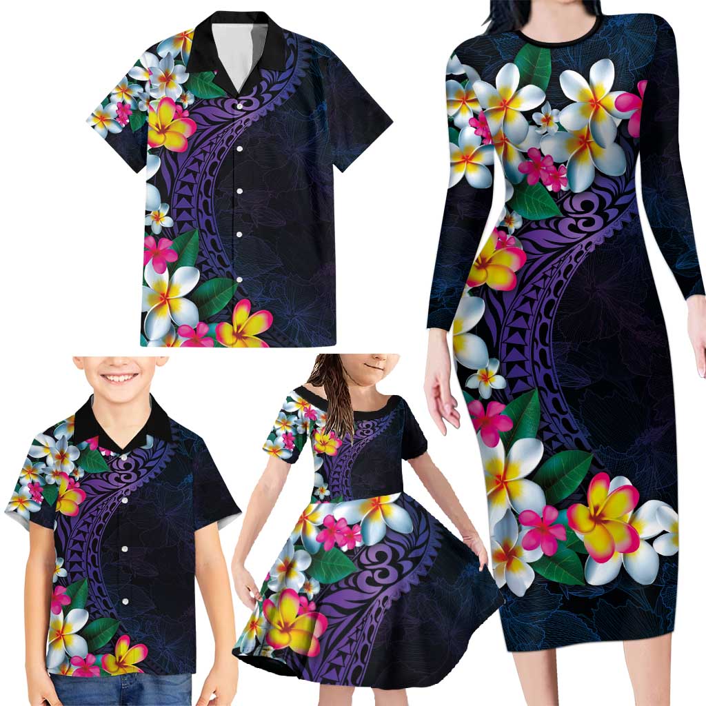 Hawaiian Plumeria-Polynesian Art Tattoo Frosted Blue Violet Color Family Matching Long Sleeve Bodycon Dress and Hawaiian Shirt