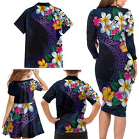 Hawaiian Plumeria-Polynesian Art Tattoo Frosted Blue Violet Color Family Matching Long Sleeve Bodycon Dress and Hawaiian Shirt