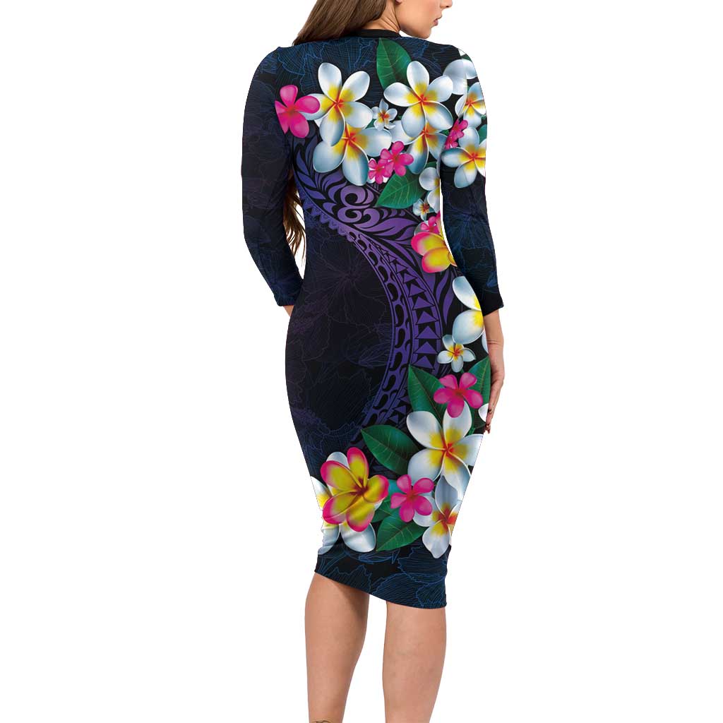 Hawaiian Plumeria-Polynesian Art Tattoo Frosted Blue Violet Color Family Matching Long Sleeve Bodycon Dress and Hawaiian Shirt
