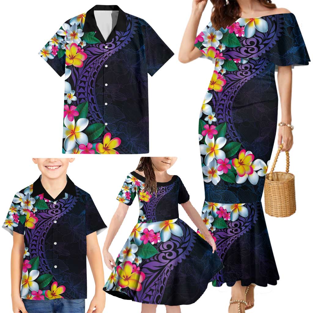 Hawaiian Plumeria-Polynesian Art Tattoo Frosted Blue Violet Color Family Matching Mermaid Dress and Hawaiian Shirt