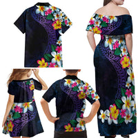 Hawaiian Plumeria-Polynesian Art Tattoo Frosted Blue Violet Color Family Matching Off Shoulder Maxi Dress and Hawaiian Shirt