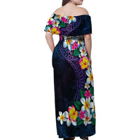 Hawaiian Plumeria-Polynesian Art Tattoo Frosted Blue Violet Color Family Matching Off Shoulder Maxi Dress and Hawaiian Shirt