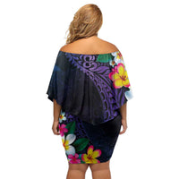 Hawaiian Plumeria-Polynesian Art Tattoo Frosted Blue Violet Color Family Matching Off Shoulder Short Dress and Hawaiian Shirt