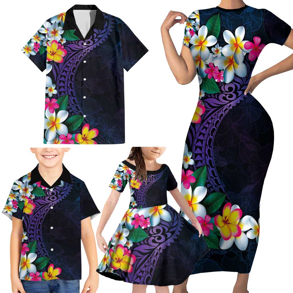 Hawaiian Plumeria-Polynesian Art Tattoo Frosted Blue Violet Color Family Matching Short Sleeve Bodycon Dress and Hawaiian Shirt