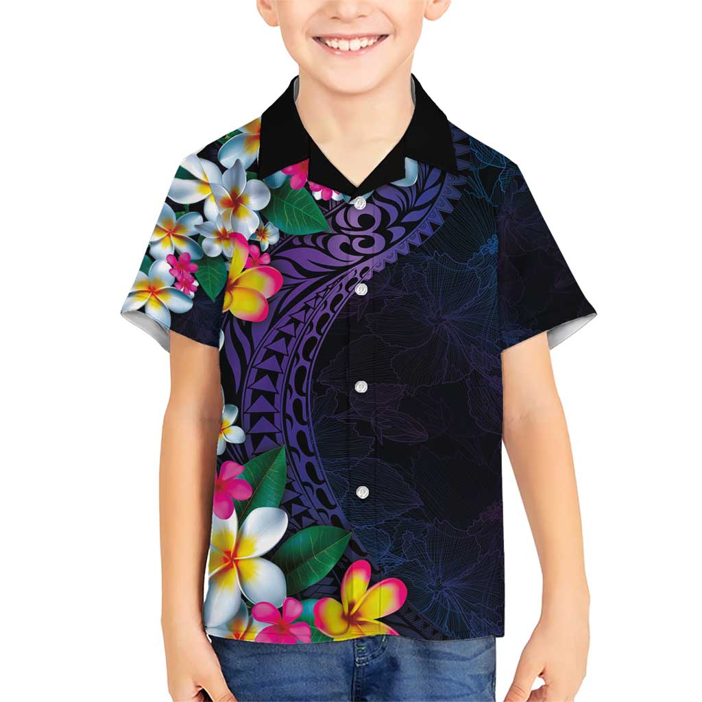 Hawaiian Plumeria-Polynesian Art Tattoo Frosted Blue Violet Color Family Matching Short Sleeve Bodycon Dress and Hawaiian Shirt