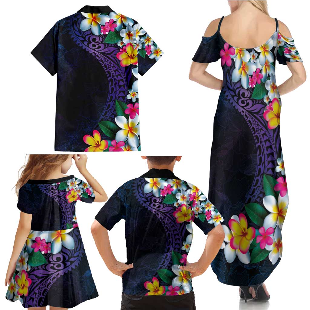 Hawaiian Plumeria-Polynesian Art Tattoo Frosted Blue Violet Color Family Matching Summer Maxi Dress and Hawaiian Shirt