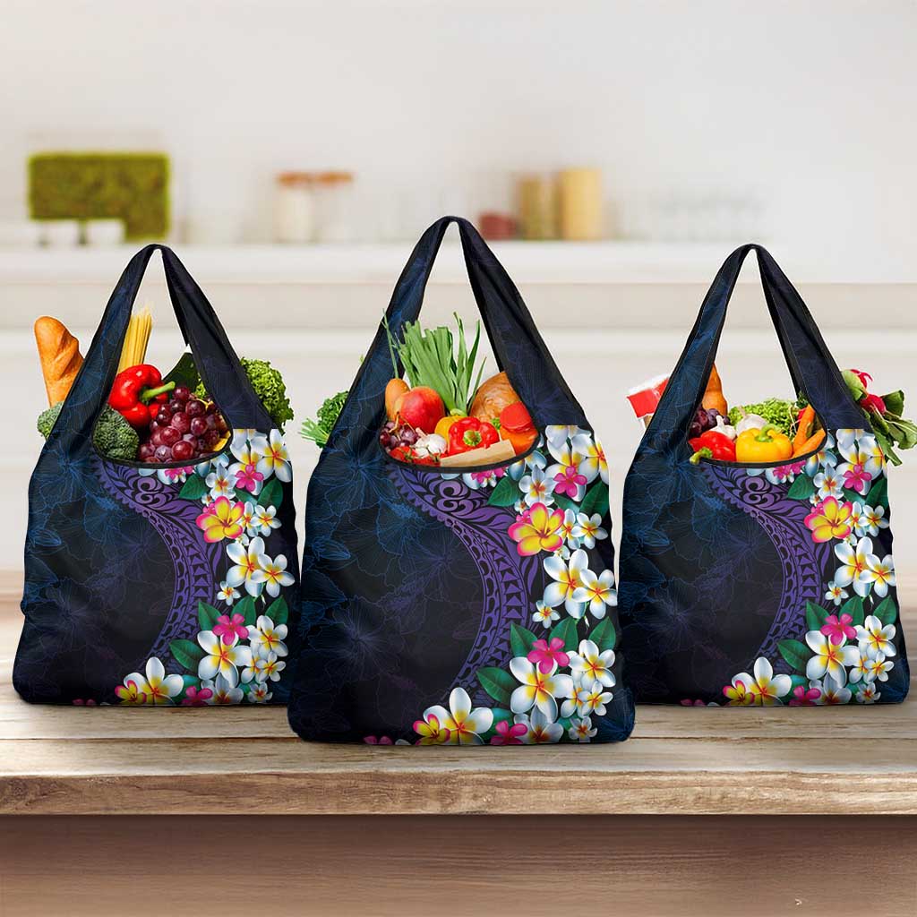 Hawaiian Plumeria-Polynesian Art Tattoo Frosted Blue Violet Color Grocery Bag LT03 3-pack One Size Blue - Polynesian Pride
