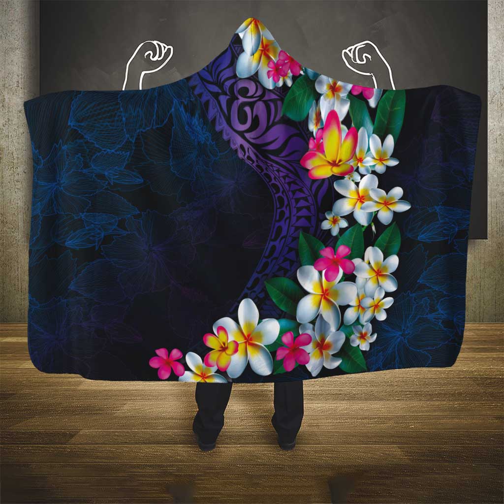 Hawaiian Plumeria-Polynesian Art Tattoo Frosted Blue Violet Color Hooded Blanket