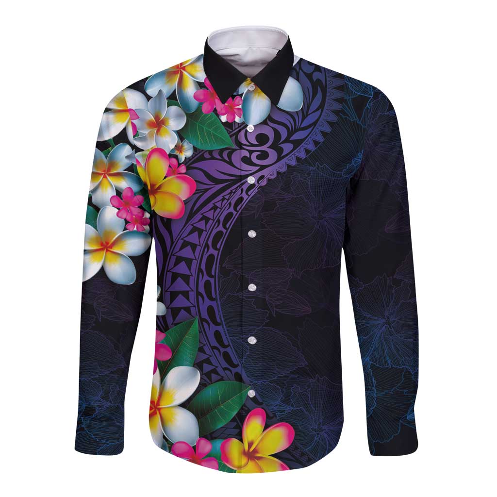 Hawaiian Plumeria-Polynesian Art Tattoo Frosted Blue Violet Color Long Sleeve Button Shirt LT03 Unisex Blue - Polynesian Pride