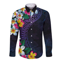 Hawaiian Plumeria-Polynesian Art Tattoo Frosted Blue Violet Color Long Sleeve Button Shirt LT03 Unisex Blue - Polynesian Pride