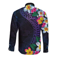 Hawaiian Plumeria-Polynesian Art Tattoo Frosted Blue Violet Color Long Sleeve Button Shirt LT03 - Polynesian Pride