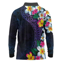Hawaiian Plumeria-Polynesian Art Tattoo Frosted Blue Violet Color Long Sleeve Polo Shirt LT03 - Polynesian Pride