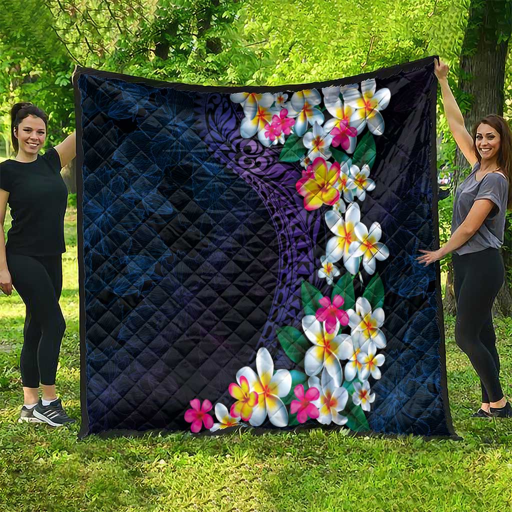 Hawaiian Plumeria-Polynesian Art Tattoo Frosted Blue Violet Color Quilt