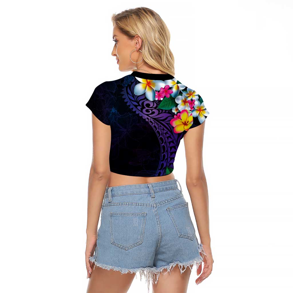 Hawaiian Plumeria-Polynesian Art Tattoo Frosted Blue Violet Color Raglan Cropped T Shirt LT03 - Polynesian Pride