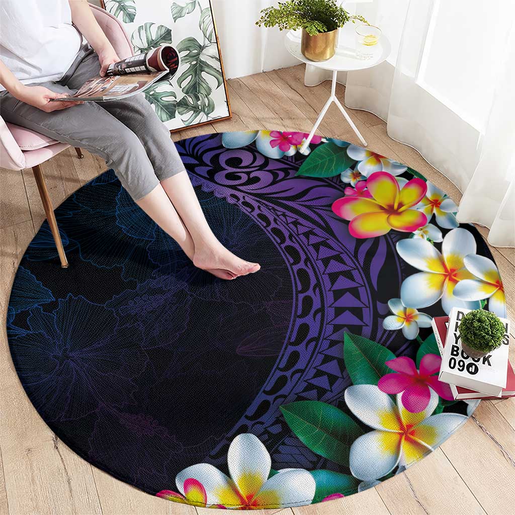 Hawaiian Plumeria-Polynesian Art Tattoo Frosted Blue Violet Color Round Carpet