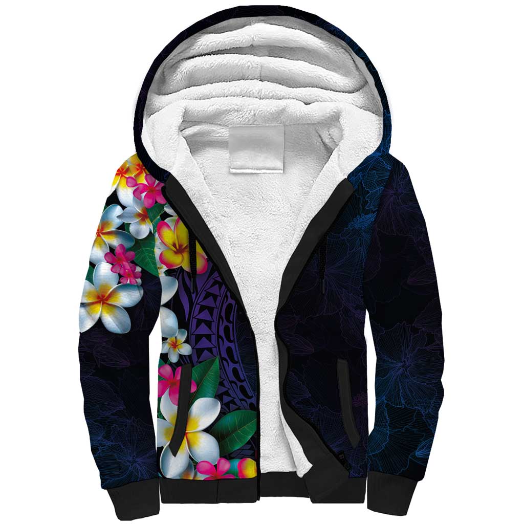 Hawaiian Plumeria-Polynesian Art Tattoo Frosted Blue Violet Color Sherpa Hoodie
