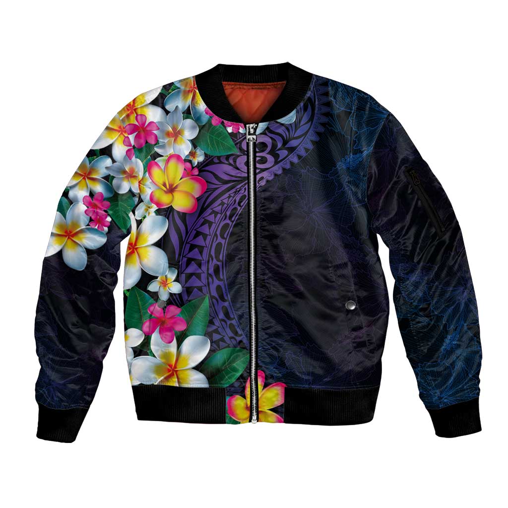 Hawaiian Plumeria-Polynesian Art Tattoo Frosted Blue Violet Color Sleeve Zip Bomber Jacket LT03 Unisex Blue - Polynesian Pride