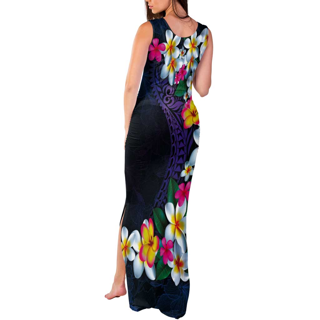 Hawaiian Plumeria-Polynesian Art Tattoo Frosted Blue Violet Color Tank Maxi Dress