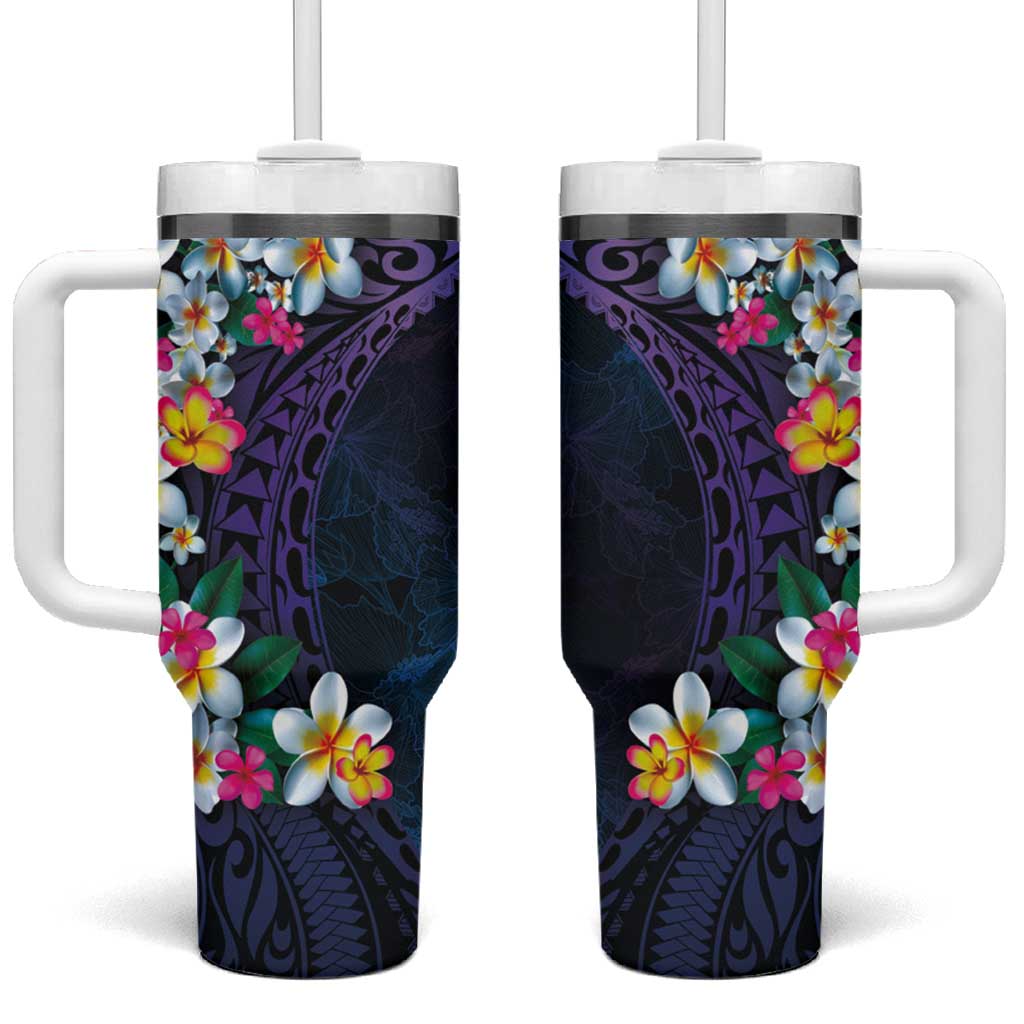 Hawaiian Plumeria-Polynesian Art Tattoo Frosted Blue Violet Color Tumbler With Handle