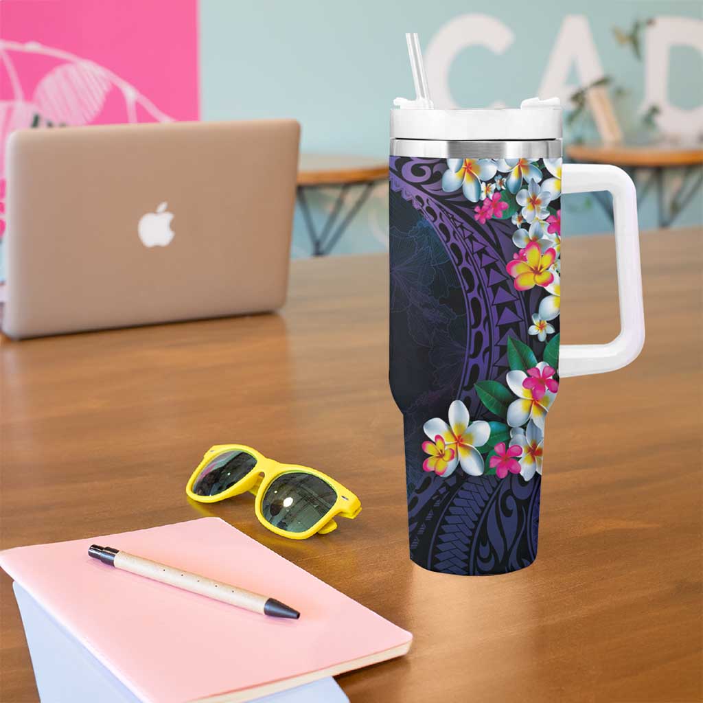 Hawaiian Plumeria-Polynesian Art Tattoo Frosted Blue Violet Color Tumbler With Handle