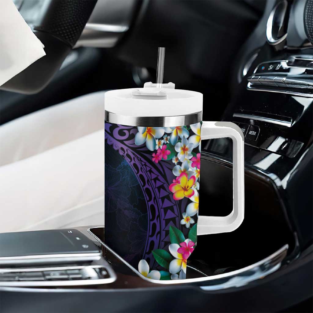 Hawaiian Plumeria-Polynesian Art Tattoo Frosted Blue Violet Color Tumbler With Handle