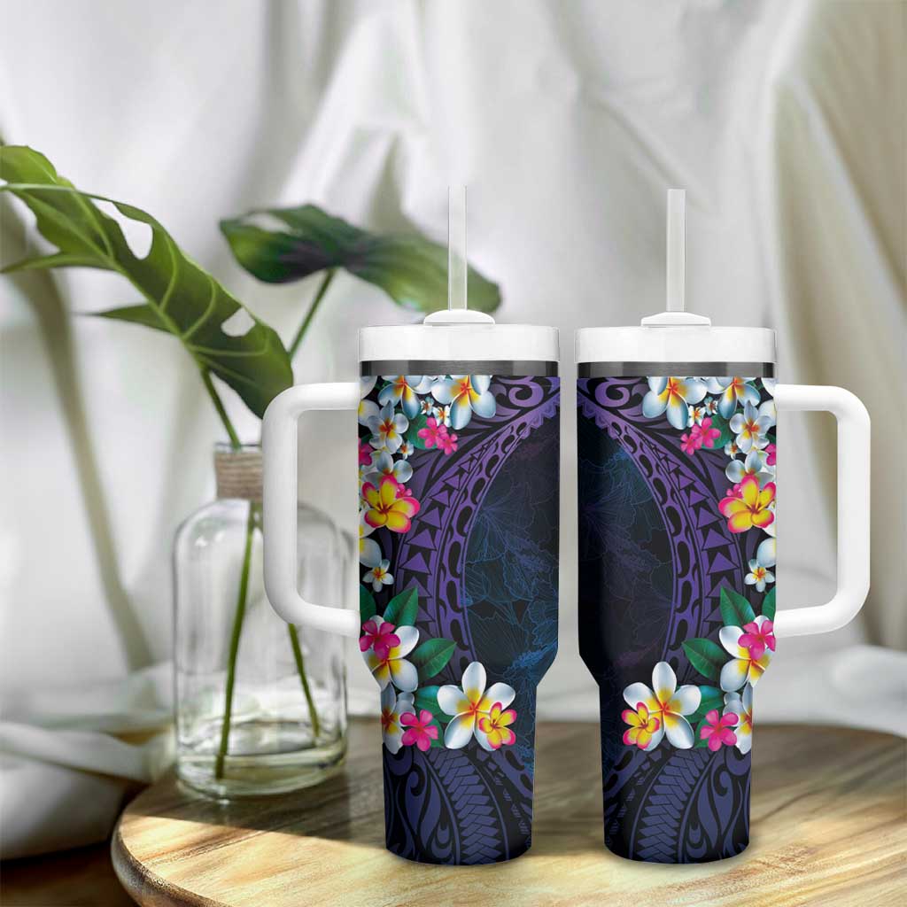 Hawaiian Plumeria-Polynesian Art Tattoo Frosted Blue Violet Color Tumbler With Handle
