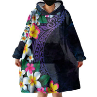 Hawaiian Plumeria-Polynesian Art Tattoo Frosted Blue Violet Color Wearable Blanket Hoodie