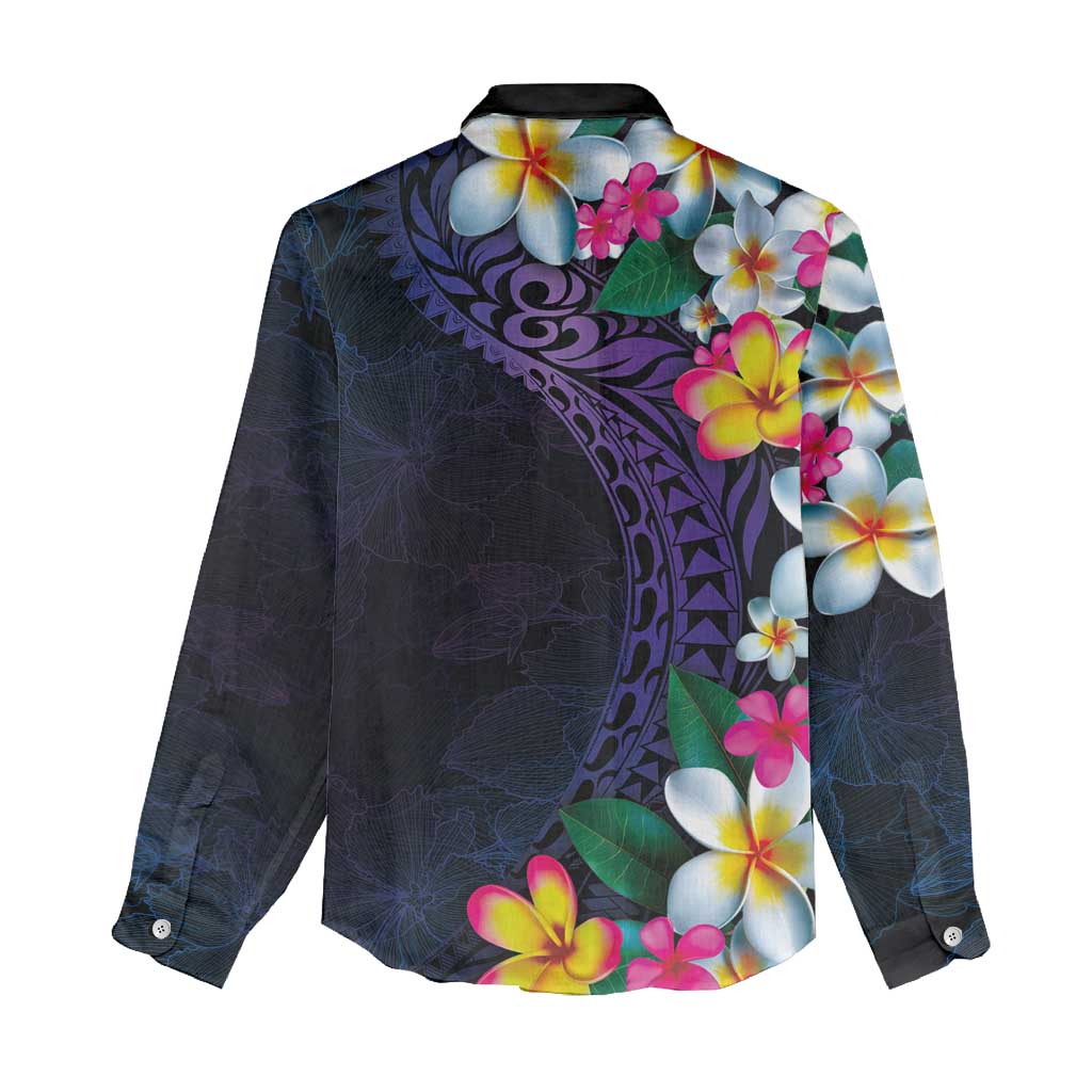 Hawaiian Plumeria-Polynesian Art Tattoo Frosted Blue Violet Color Women Casual Shirt