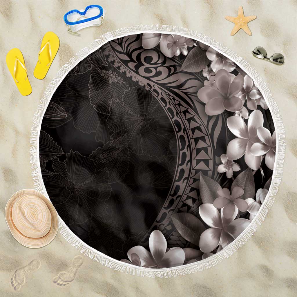 Hawaiian Plumeria-Polynesian Art Tattoo Grayscale Color Beach Blanket
