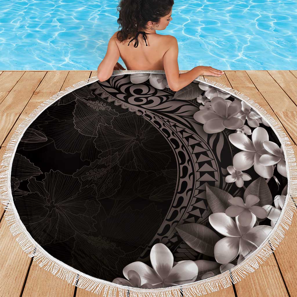 Hawaiian Plumeria-Polynesian Art Tattoo Grayscale Color Beach Blanket