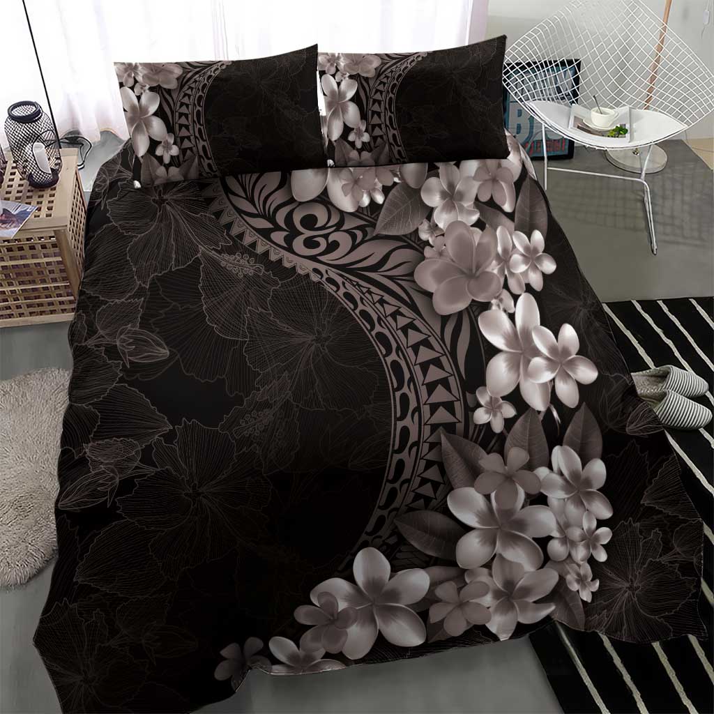 Hawaiian Plumeria-Polynesian Art Tattoo Grayscale Color Bedding Set