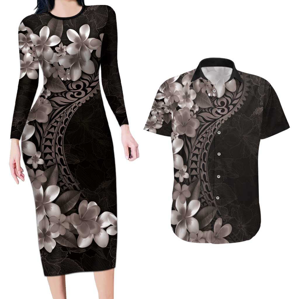 Hawaiian Plumeria-Polynesian Art Tattoo Grayscale Color Couples Matching Long Sleeve Bodycon Dress and Hawaiian Shirt