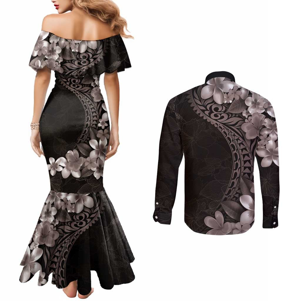 Hawaiian Plumeria-Polynesian Art Tattoo Grayscale Color Couples Matching Mermaid Dress and Long Sleeve Button Shirt