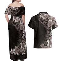 Hawaiian Plumeria-Polynesian Art Tattoo Grayscale Color Couples Matching Off Shoulder Maxi Dress and Hawaiian Shirt