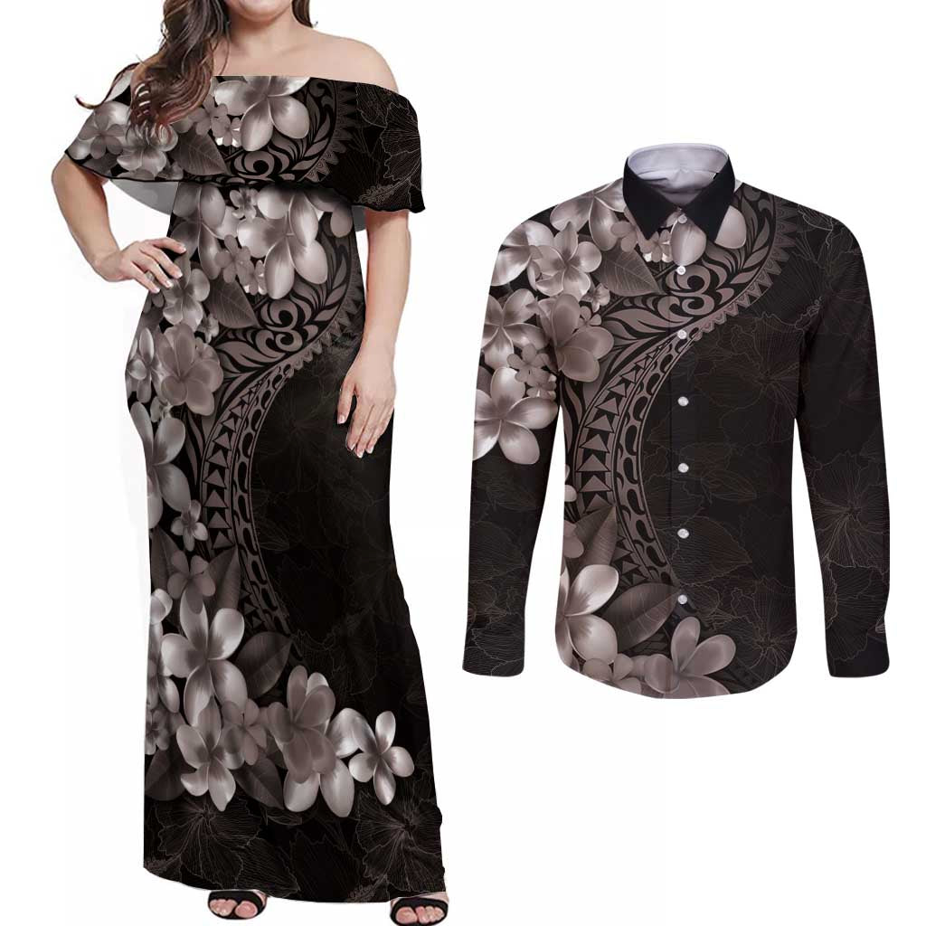 Hawaiian Plumeria-Polynesian Art Tattoo Grayscale Color Couples Matching Off Shoulder Maxi Dress and Long Sleeve Button Shirt